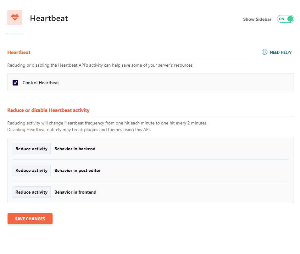 WP RocketのHeartBeatの設定画面