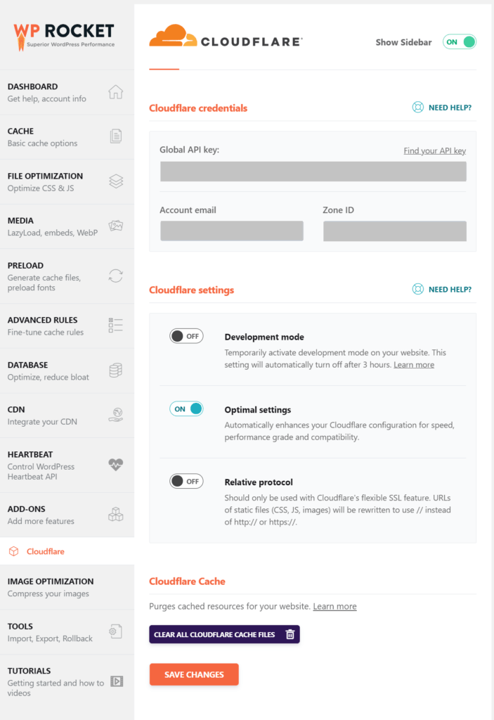 WP RocketのCloudflareの設定画面