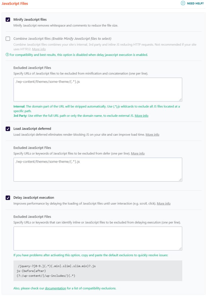 WP RocketのFILE OPTIMIZATIONの設定画面【JavaScript】