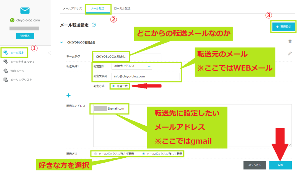 メール転送設定の項目