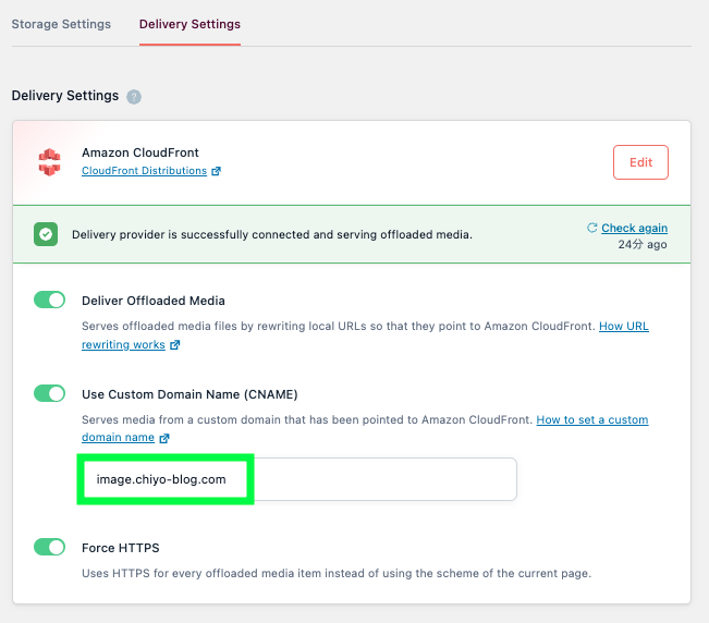 WP Offload Mediaプラグインのdelivery settingの設定画面
